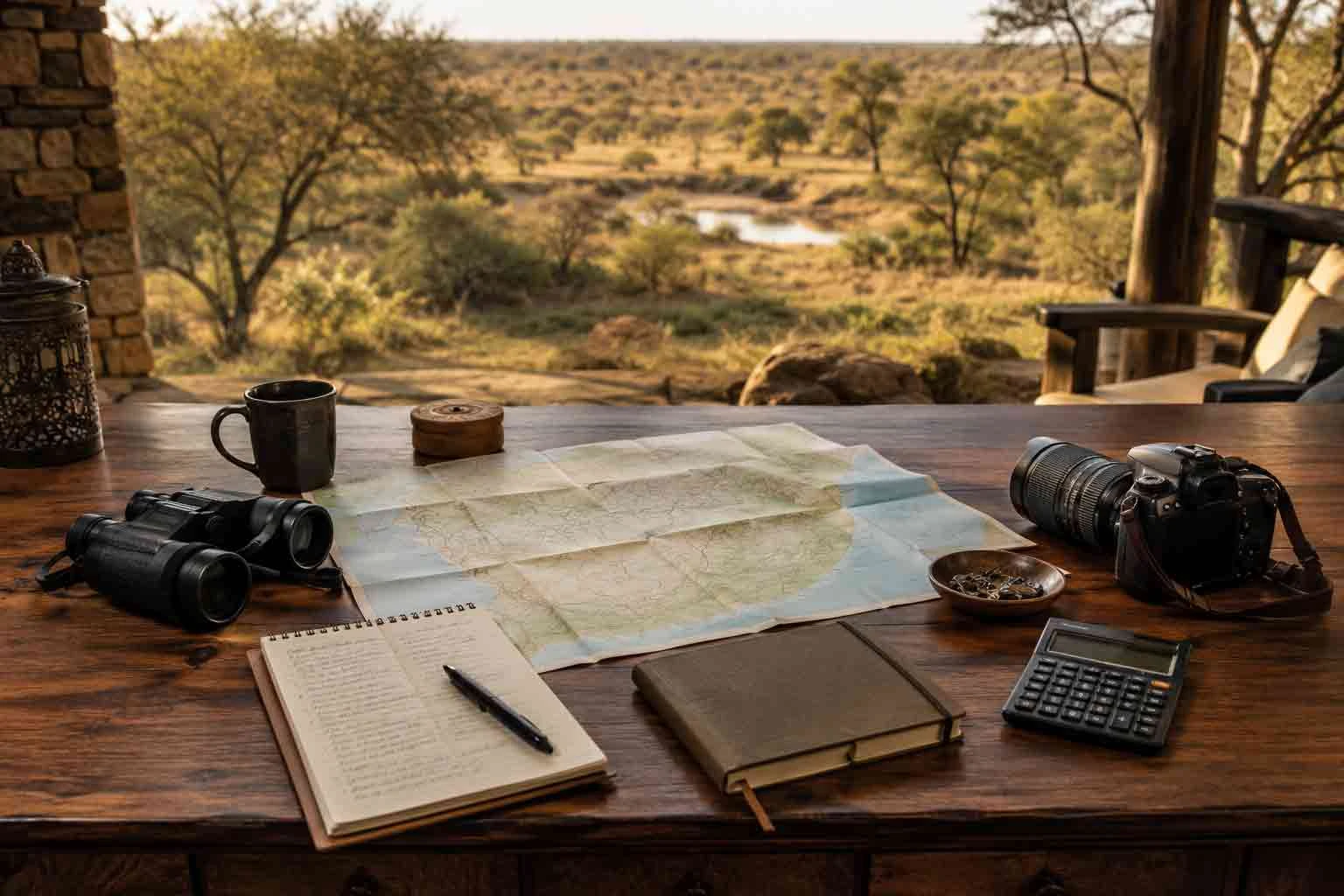 Safari planning desk with a South Africa map, binoculars, notebook, camera and calculator.