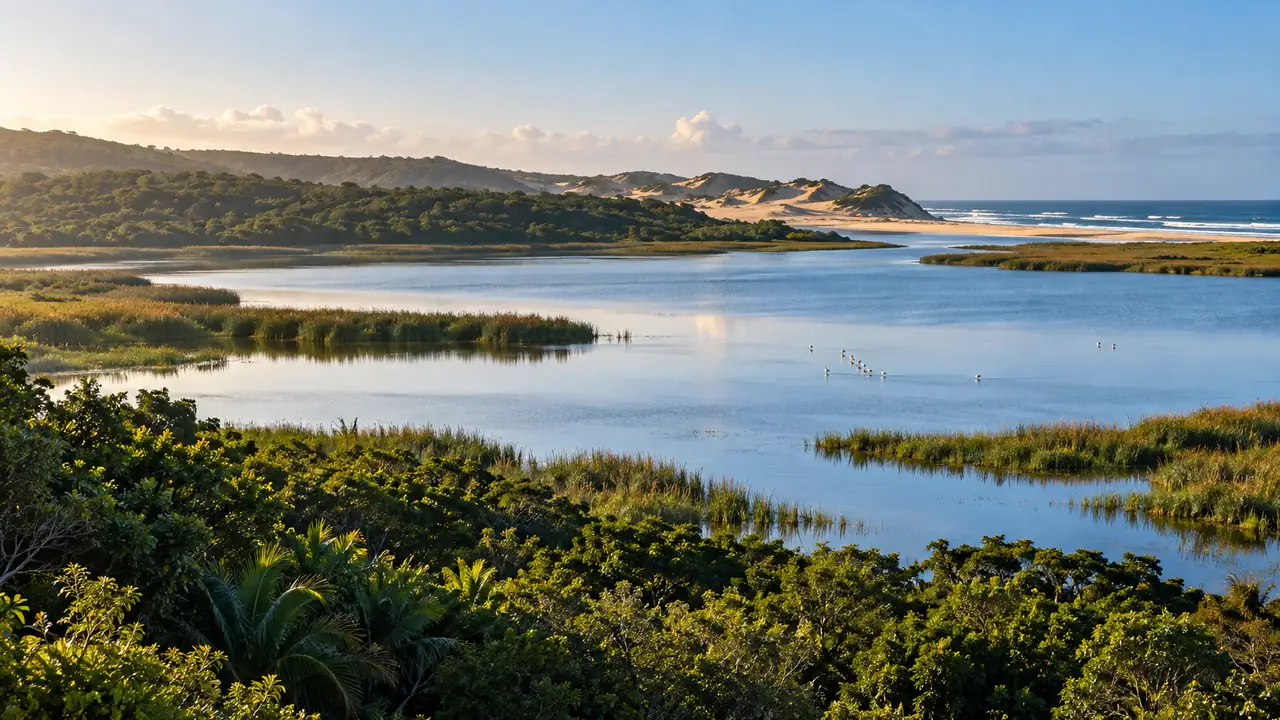 A calm estuary, coastal forest and sandy shoreline in South Africa’s subtropical coastal wetland region.