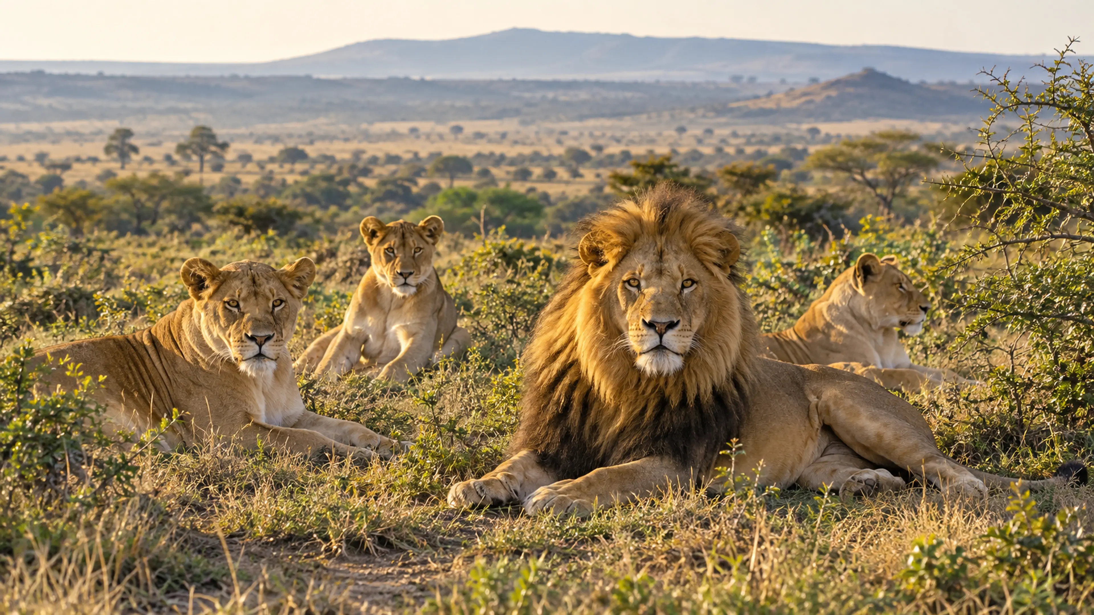 A lion pride rests in South African savanna at first light.