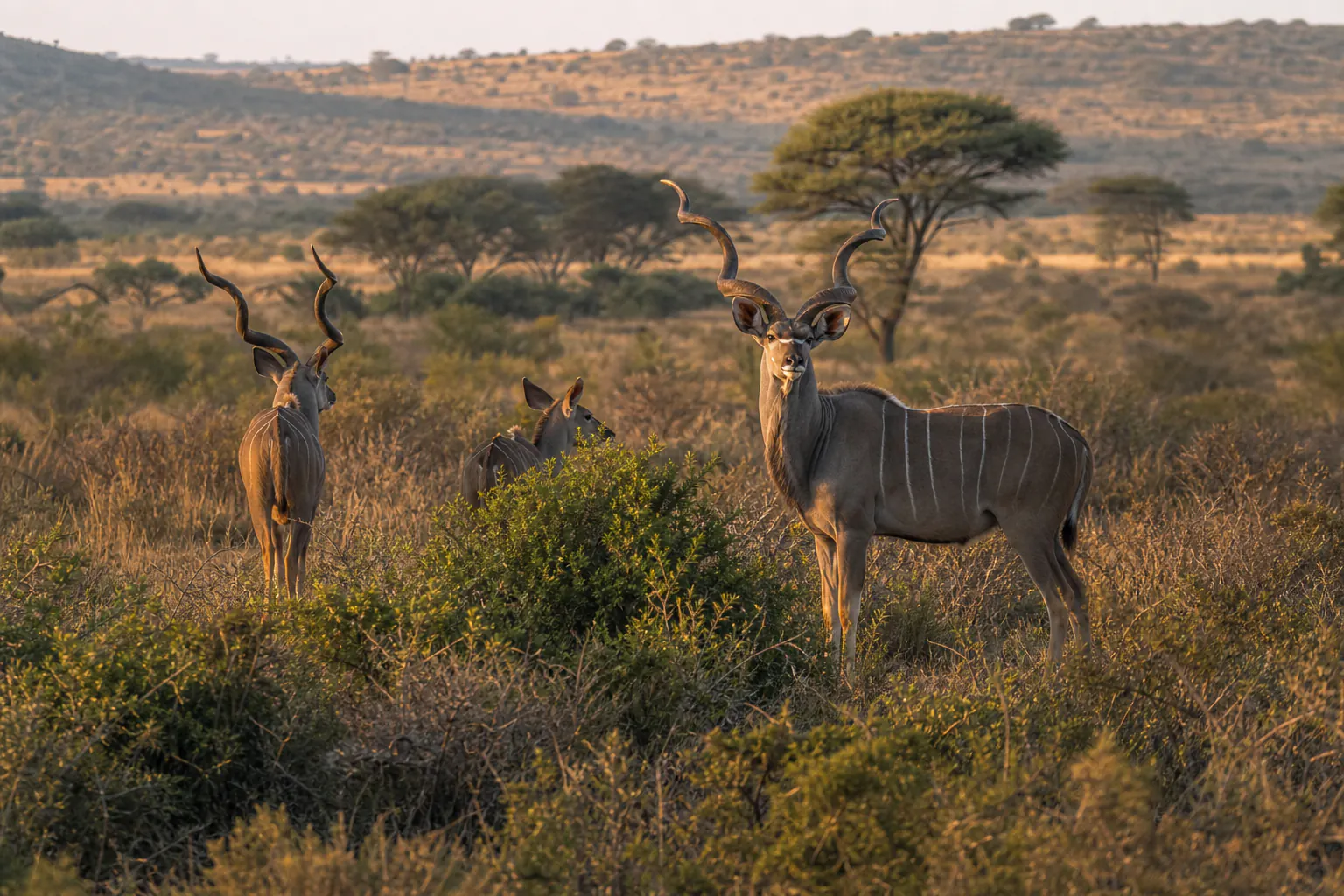 A wider habitat or behaviour scene featuring Greater kudu Safari in South Africa.