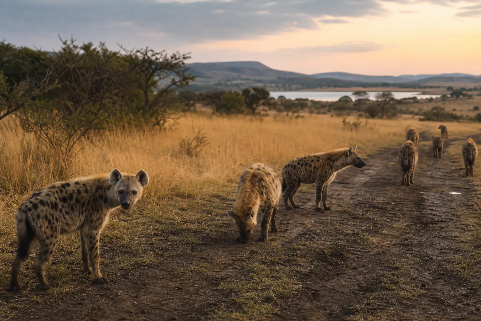 A wider habitat or behaviour scene featuring Spotted hyena Safari in South Africa.
