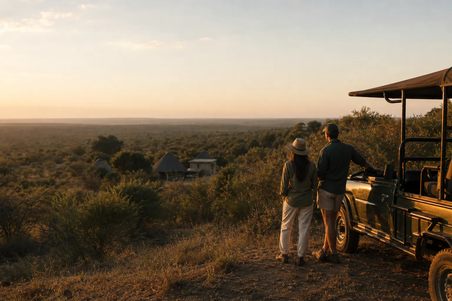Travellers beside a safari vehicle overlooking the South African bushveld at golden hour.