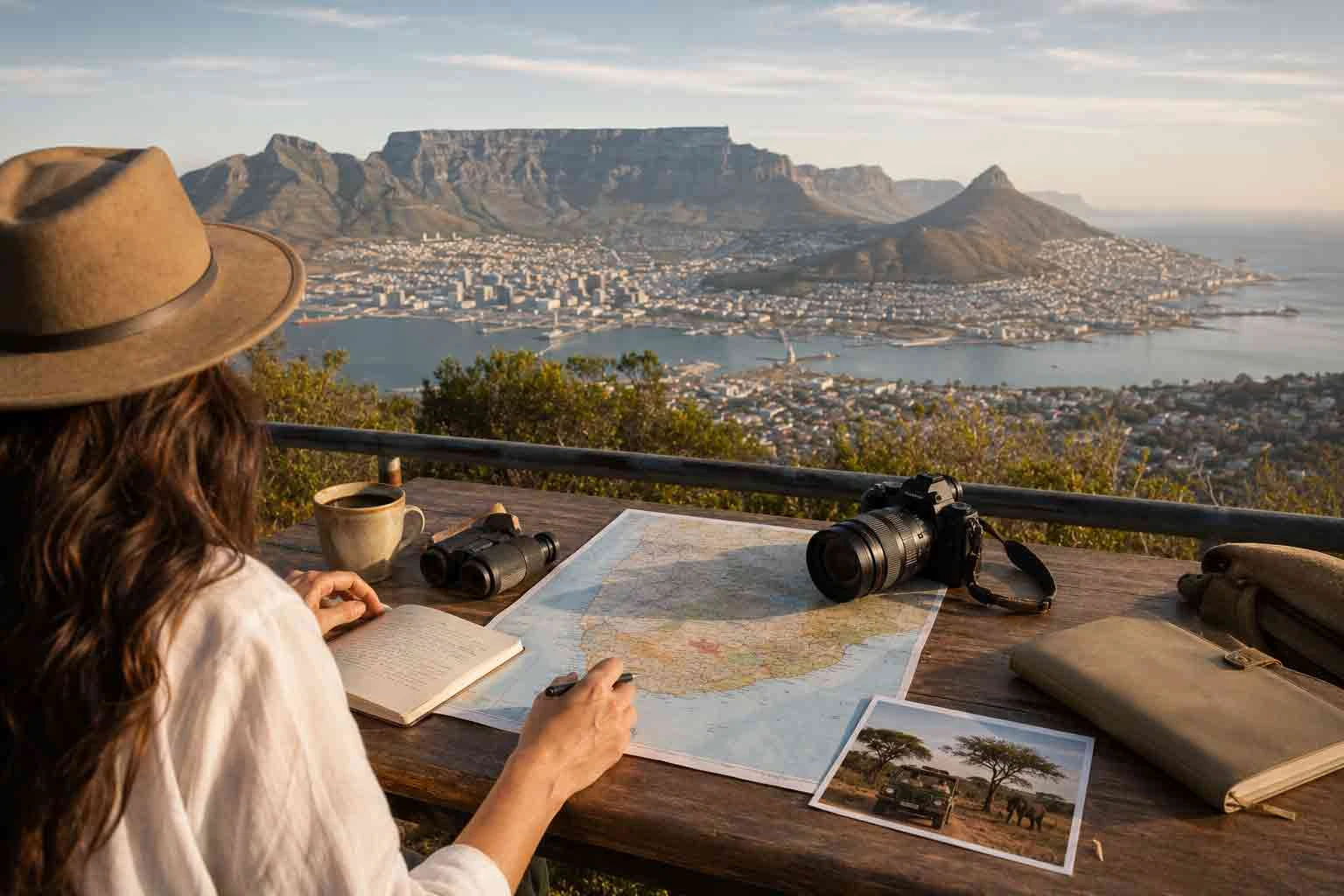 A traveller planning a Cape Town and Kruger itinerary with Table Mountain in the background.