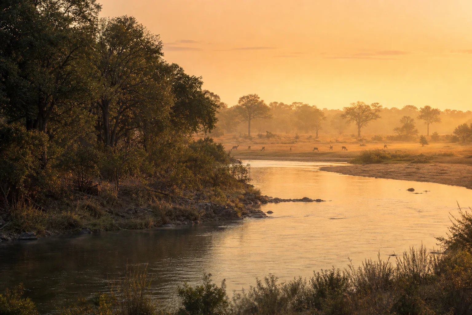 A broad river bend and open bushveld in warm morning light.