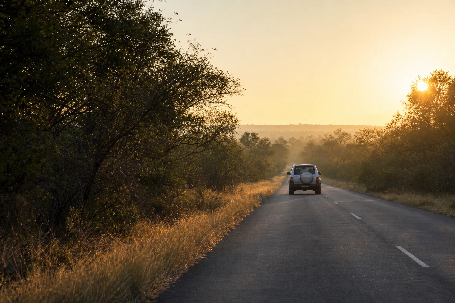 A self-drive vehicle travelling along a southern bushveld road at sunrise.