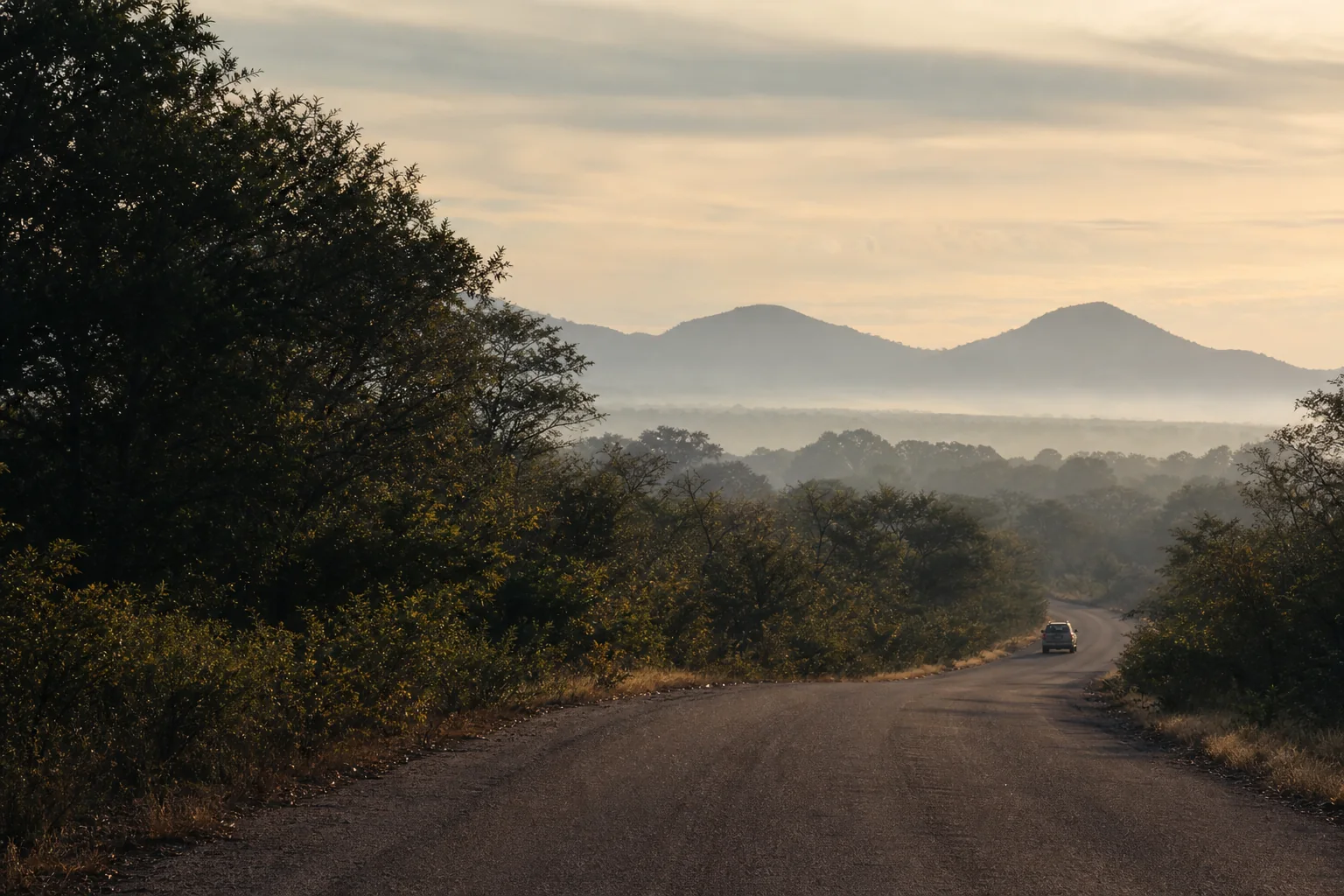 A vehicle following a quiet western bushveld road toward distant hills.