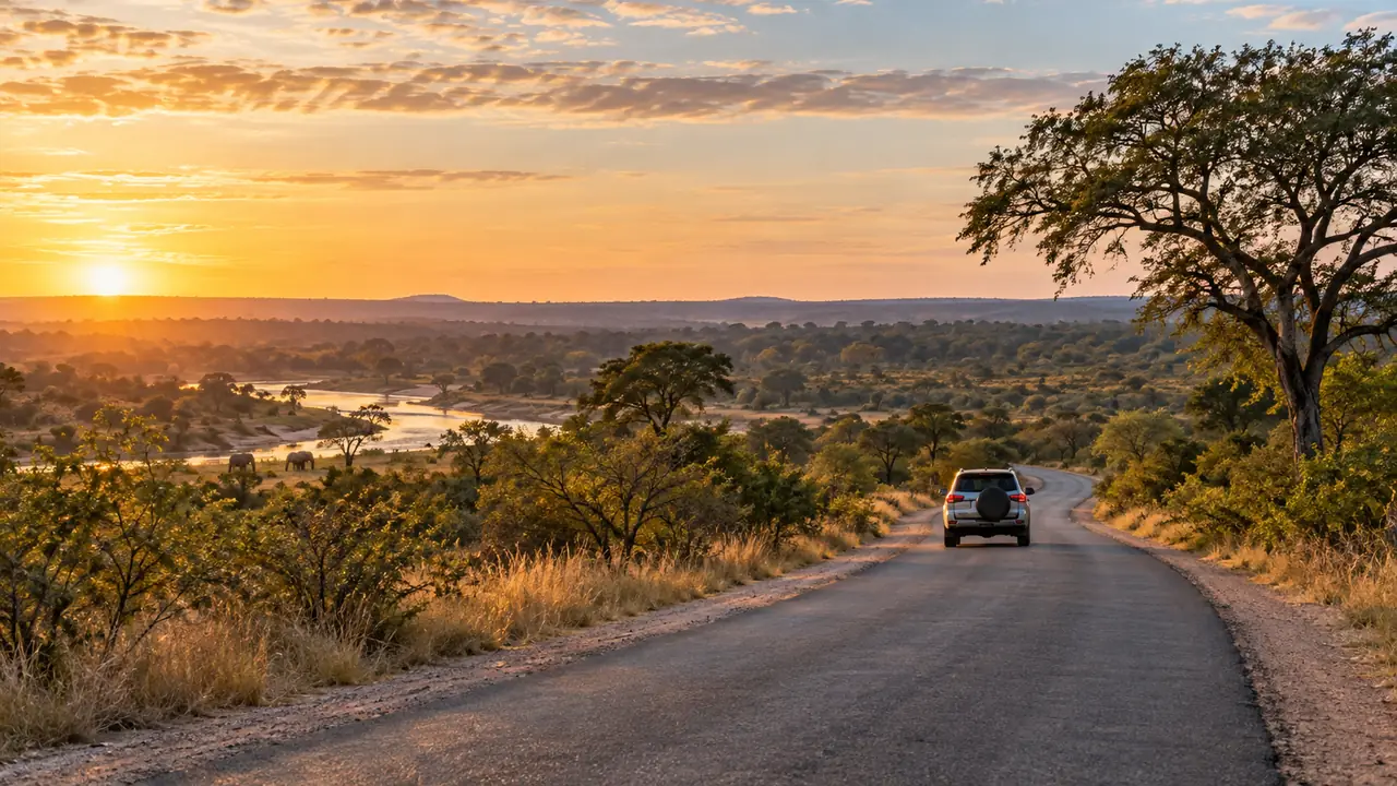Illustrative view of a vehicle approaching a Kruger bushveld lodge at sunrise.