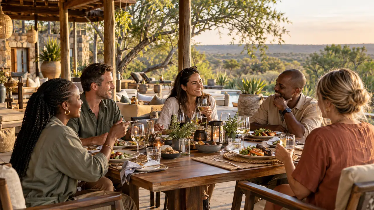 Illustrative group sharing an outdoor meal at a South African bush lodge.