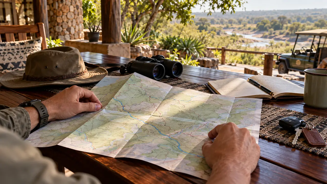Illustrative safari travel planning with a paper map, notebook, binoculars and car keys.
