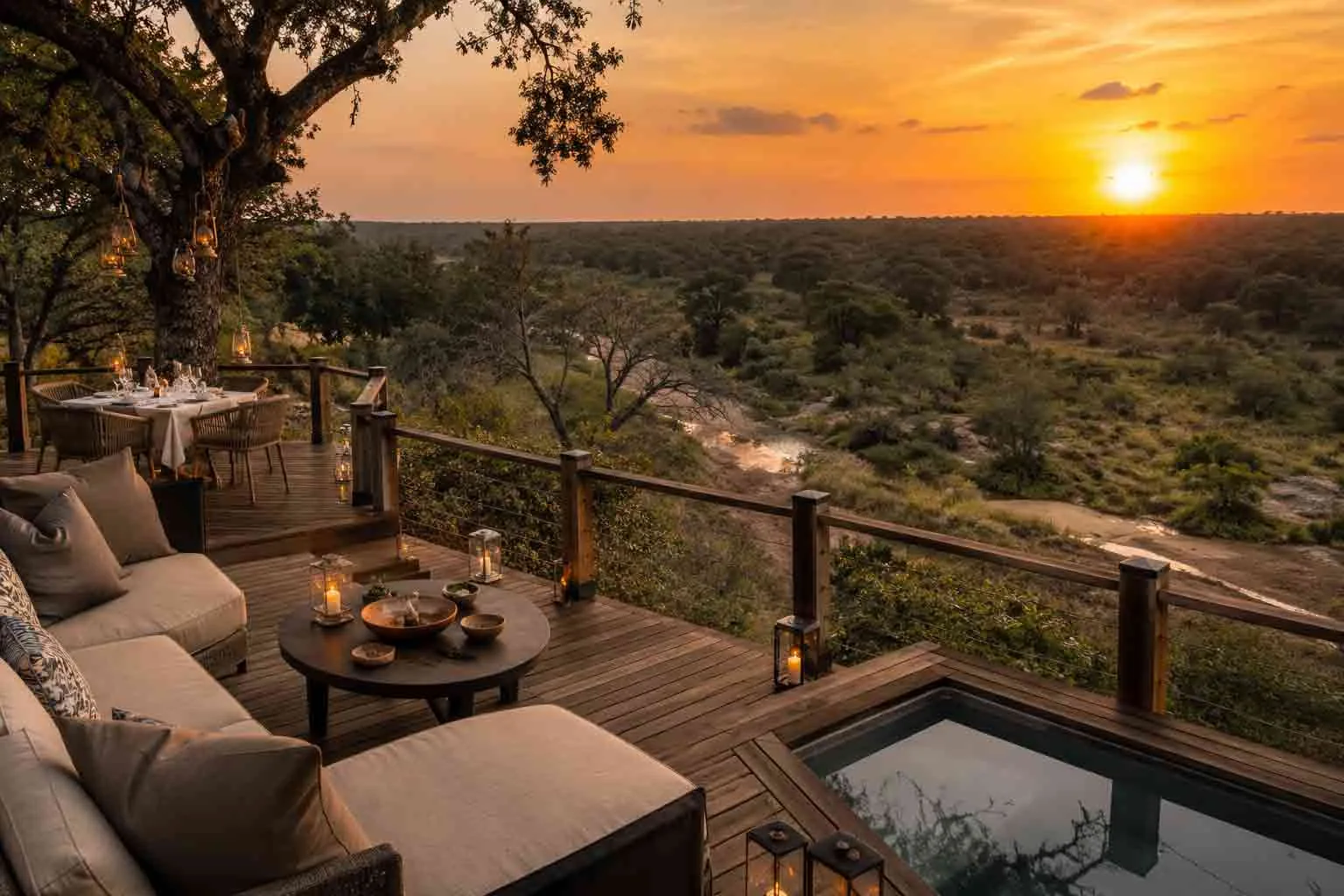A luxury safari lodge at sunset in South Africa.