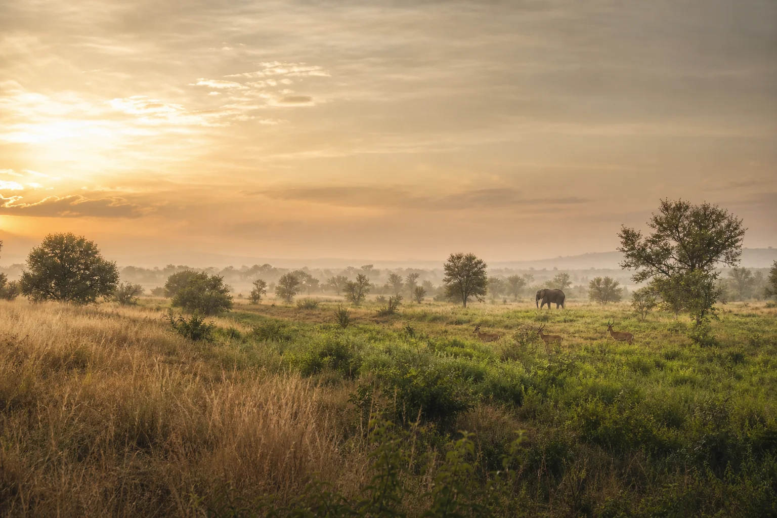 Golden dawn across South African bushveld where dry grass gives way to fresh green growth, with an elephant and antelope in the distance.