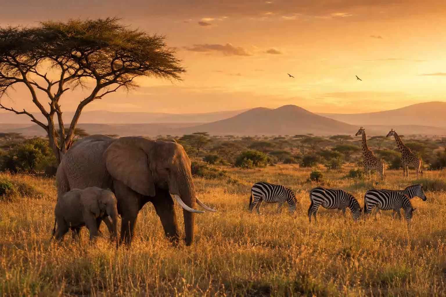 South African wildlife at sunset with elephants, giraffes and zebras.